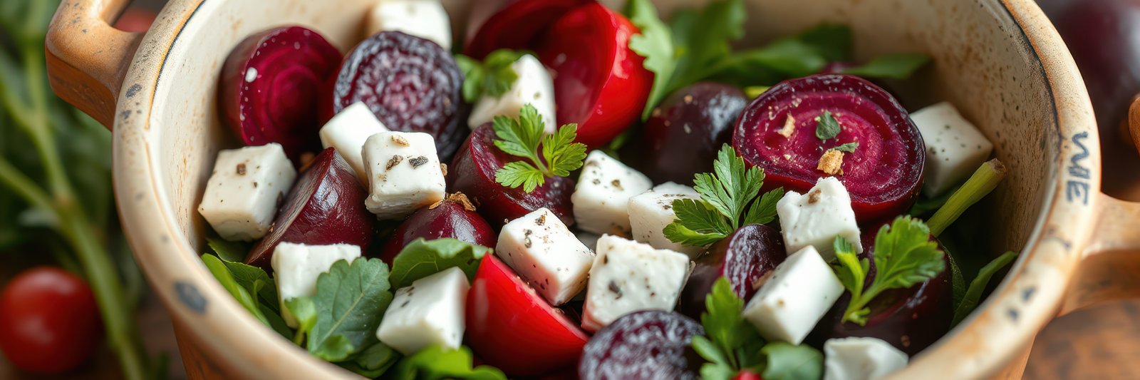 Vibrant salad featuring beets, cheese, and fresh herbs served in a rustic bowl on a wooden table